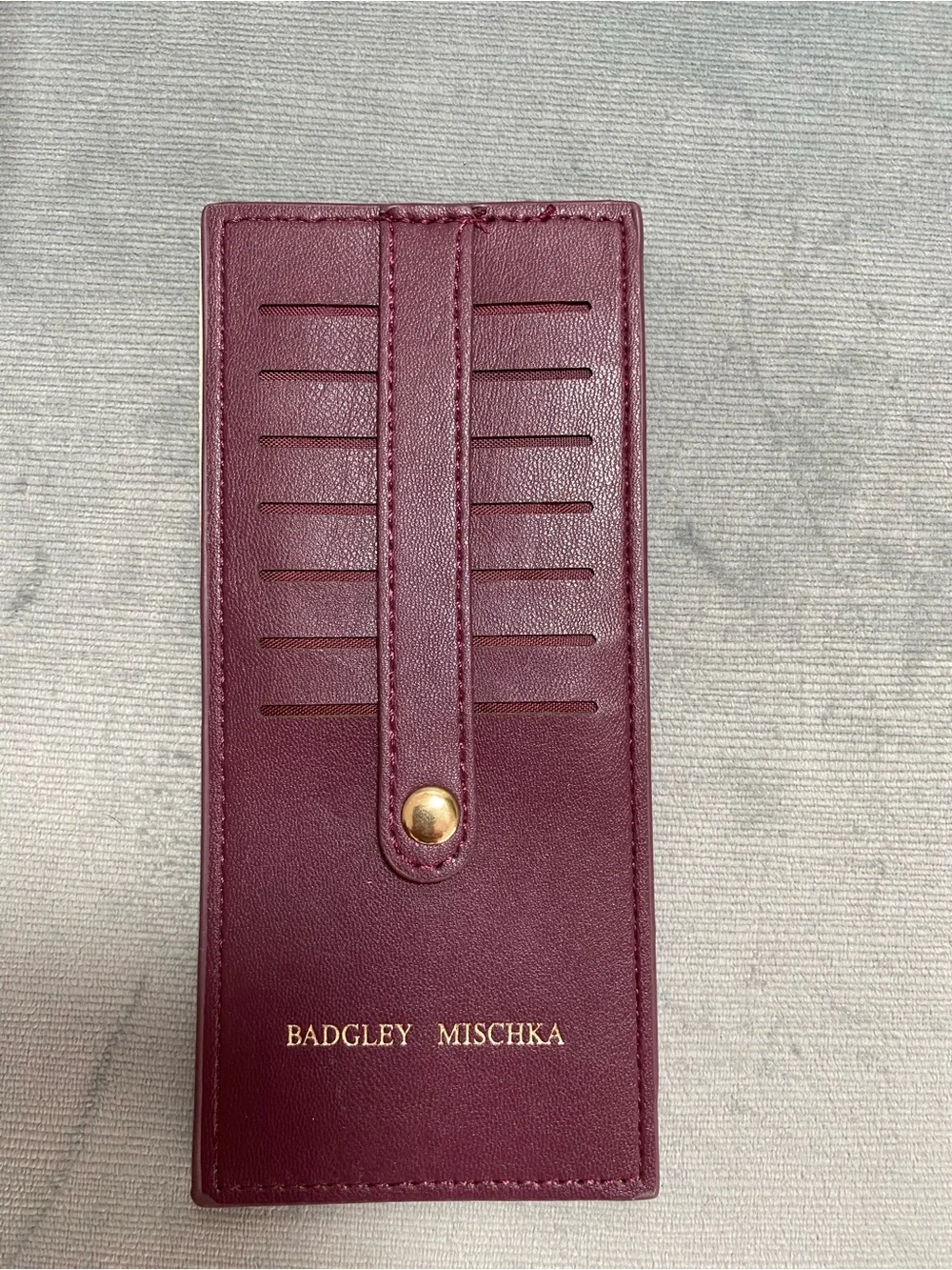 Badgley Mischka Plum Leather Card & Key Slot Holder with Gold Hardware